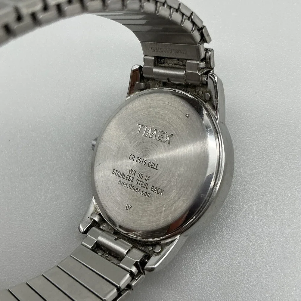 Timex Indiglo Mens Watch 35mm White Dial Silver Tone Stretch Date New Battery